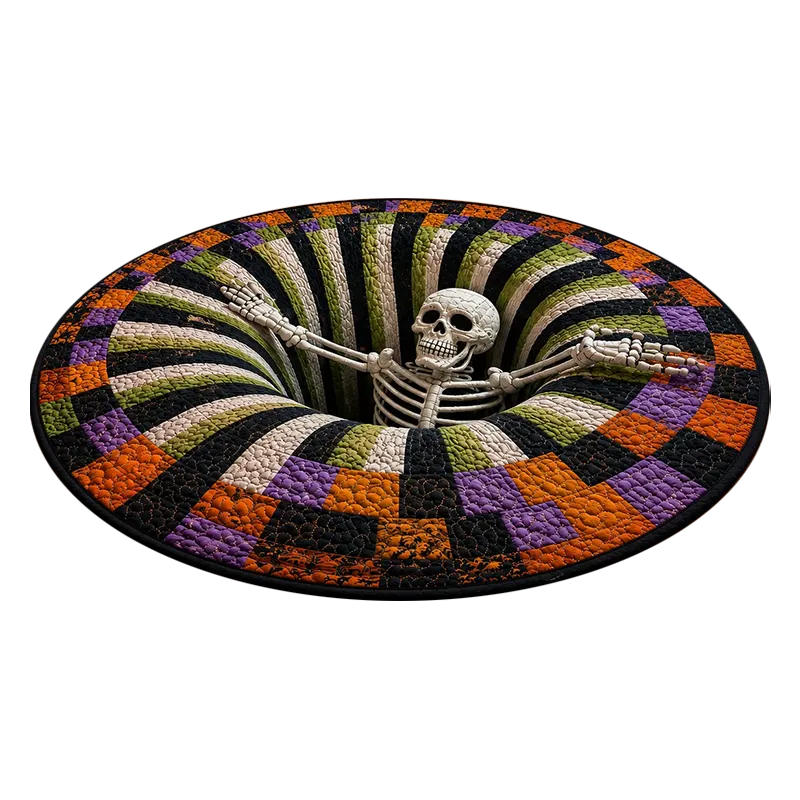Round 3D vortex Halloween rug with a skeleton reaching out of an orange, purple and black swirling pit