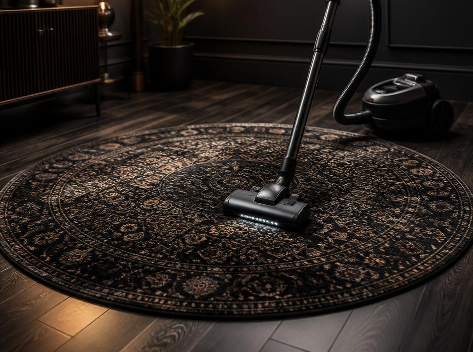 A round rug being vacuumed on a dark hardwood floor