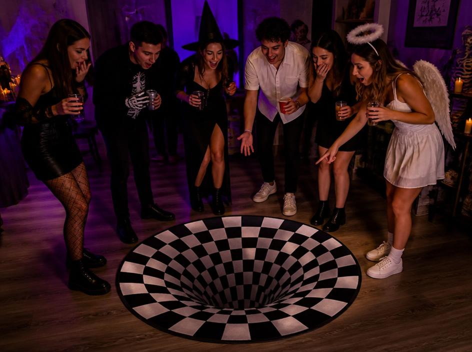 Friends at a Halloween party reacting to the illusion rug on the floor